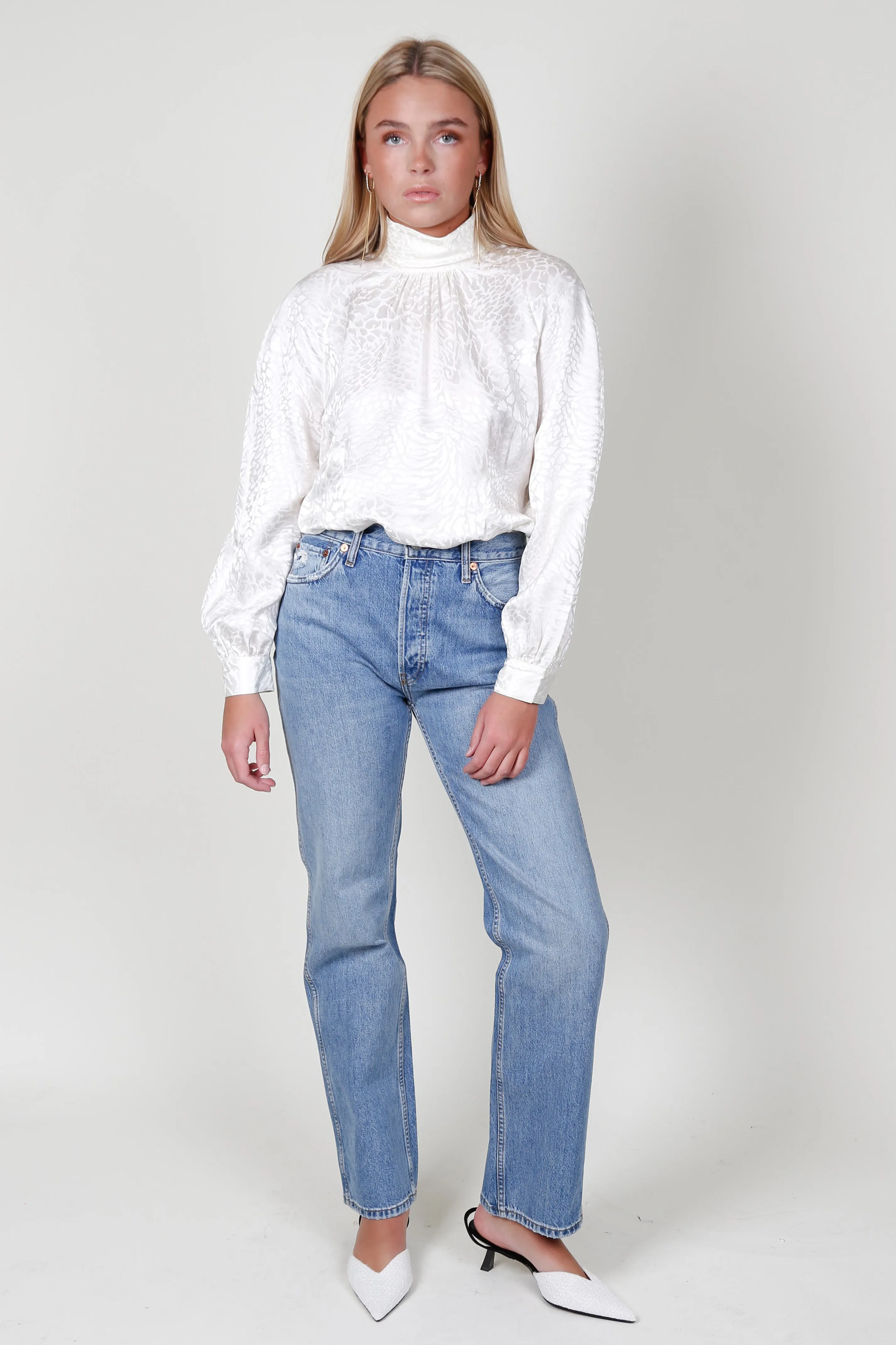 FRAME | Foldover Mock Neck Blouse - Off White