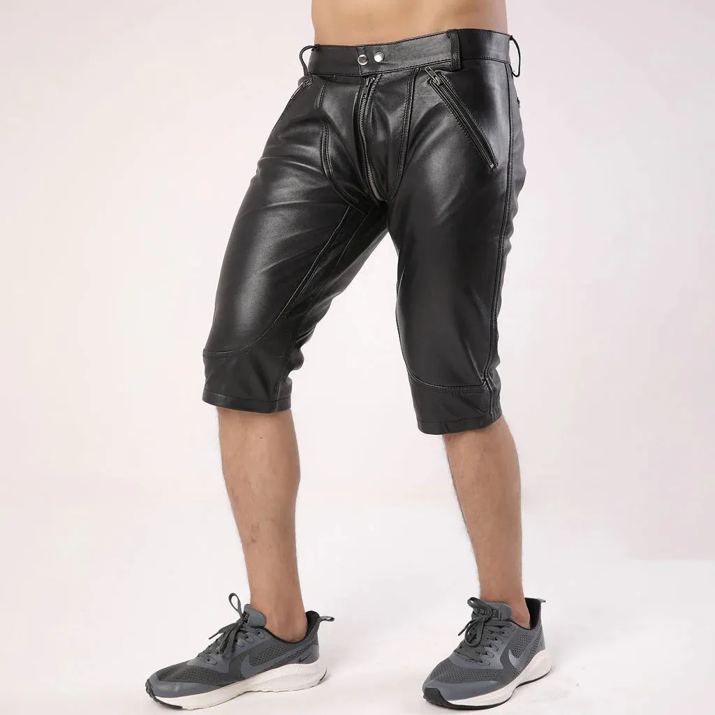 Full Back Zipper Men's Leather Shorts