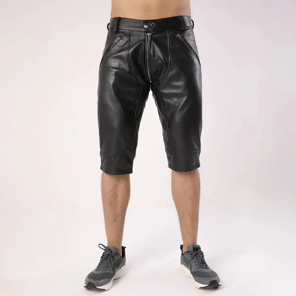 Full Back Zipper Men's Leather Shorts