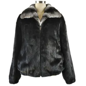 Full Skin Mink Jacket w/Real Chinchilla Collar - Black