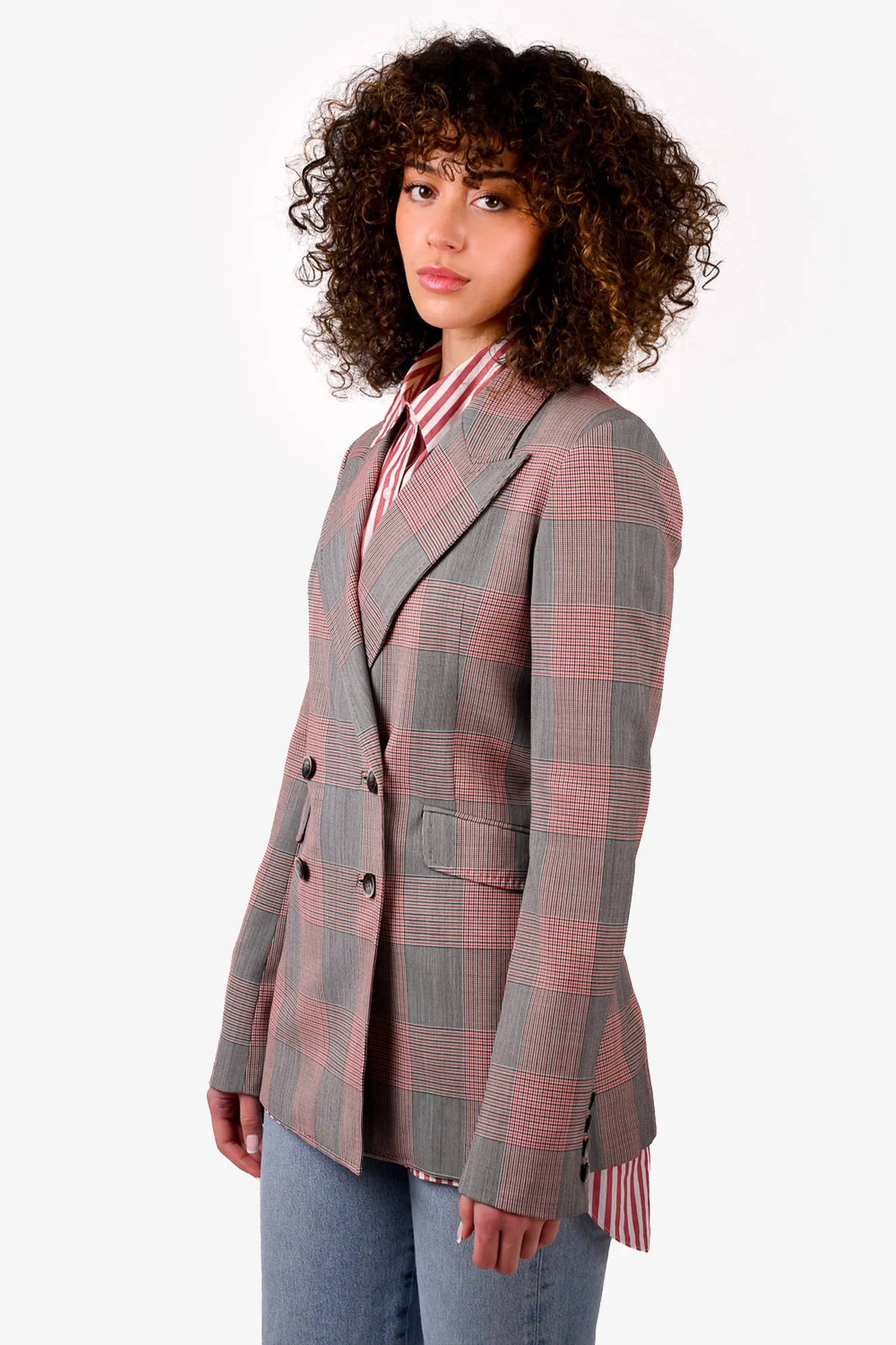 Gabriela Hearst Grey/Red Check Wool Double Breasted Blazer Size 2