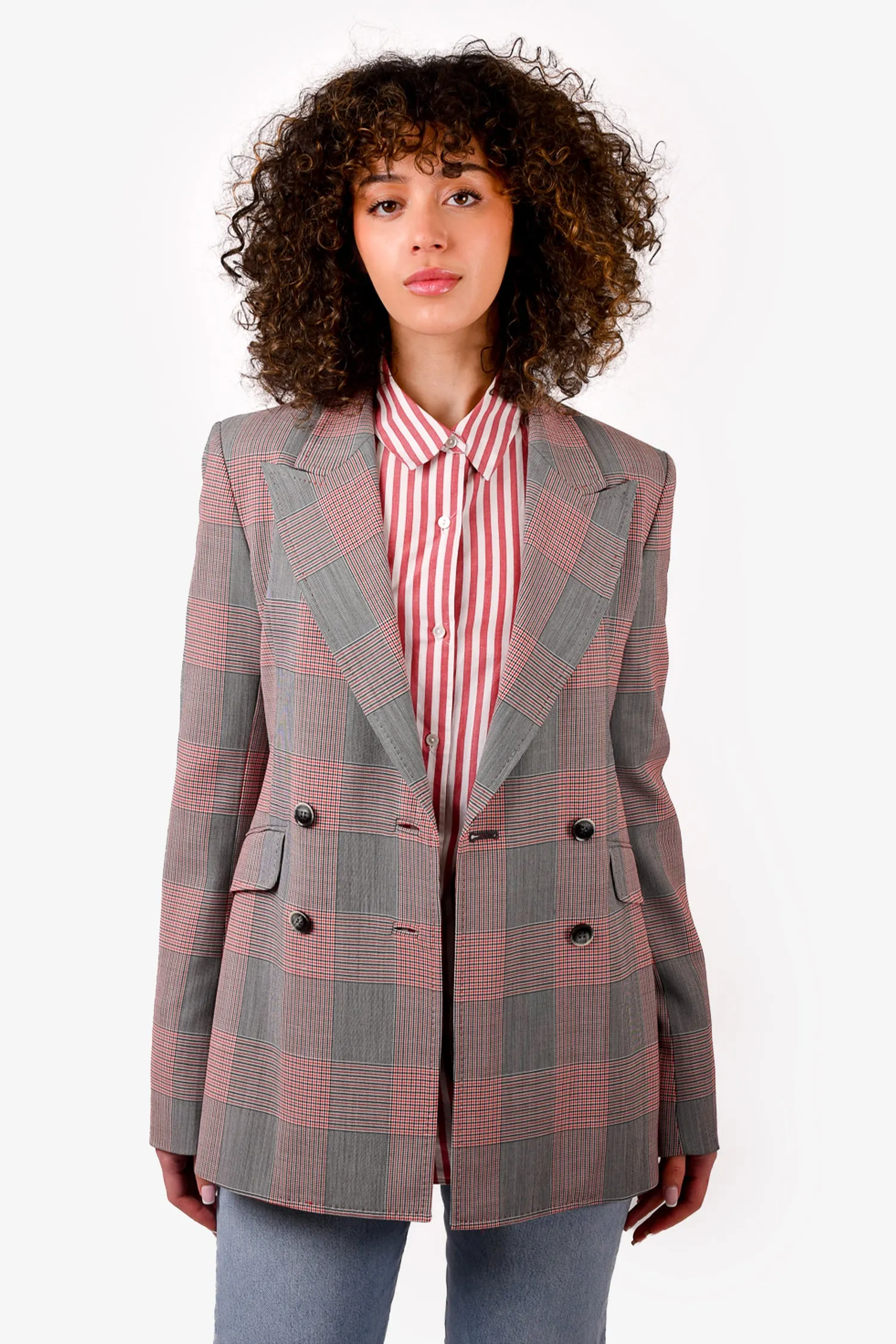 Gabriela Hearst Grey/Red Check Wool Double Breasted Blazer Size 2