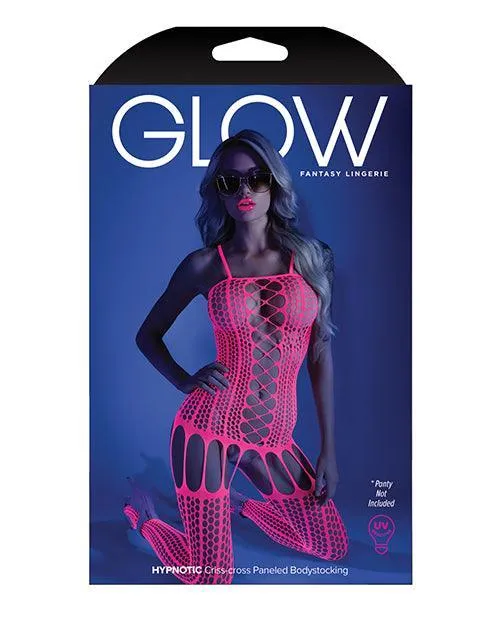 Glow Black Light Criss Cross Paneled Bodystocking Neon Pink O/s