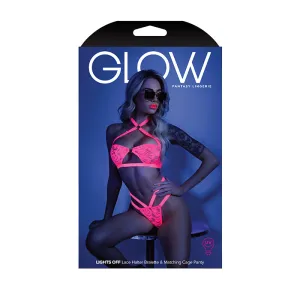 Glow Black Light Halter Bandeau & Cage Panty Neon Pink S/M
