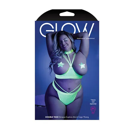 Glow Black Light Harness Open Shelf Bra & Cage Thong (Pasties not Included) Neon Lemon QN