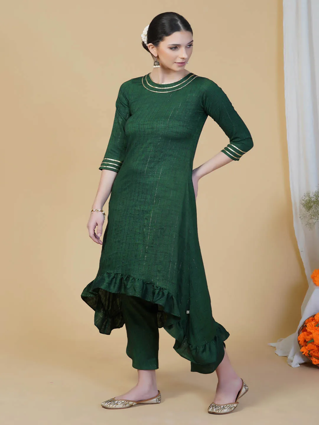 Green High Low Frilled Kurta Pants Set