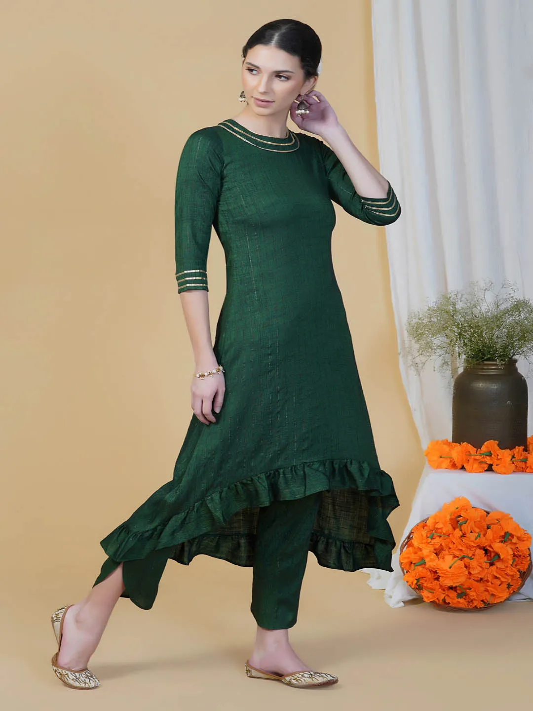 Green High Low Frilled Kurta Pants Set
