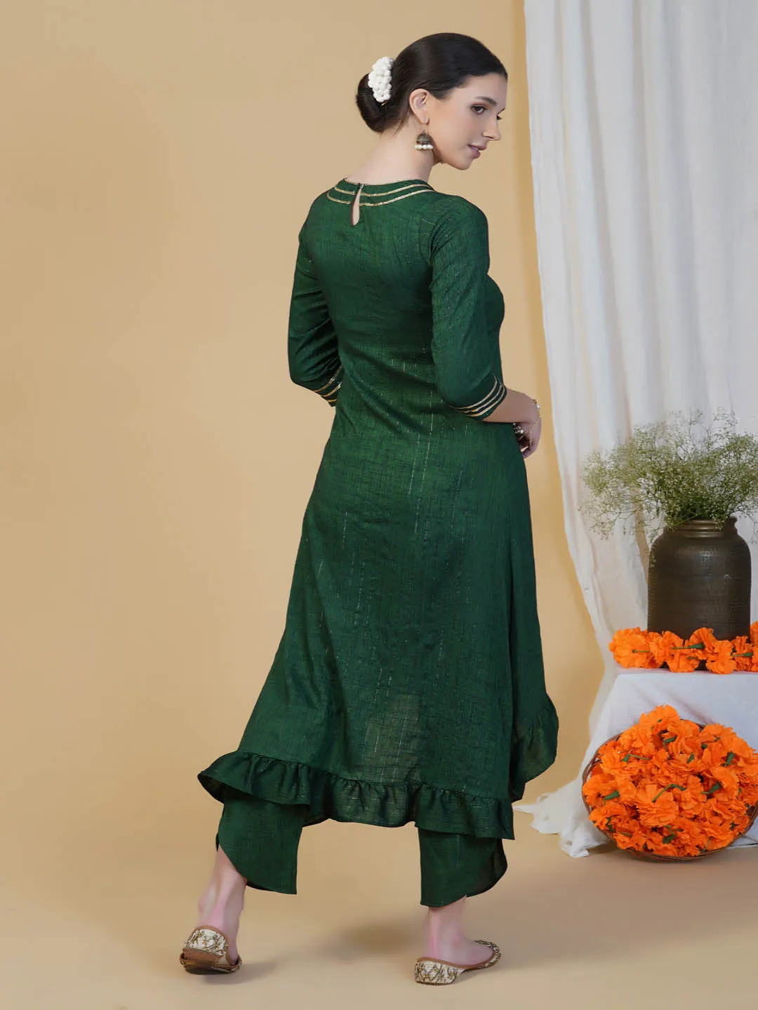 Green High Low Frilled Kurta Pants Set
