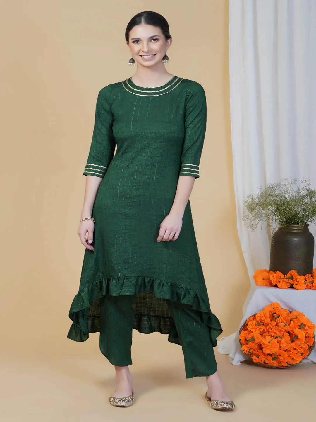Green High Low Frilled Kurta Pants Set