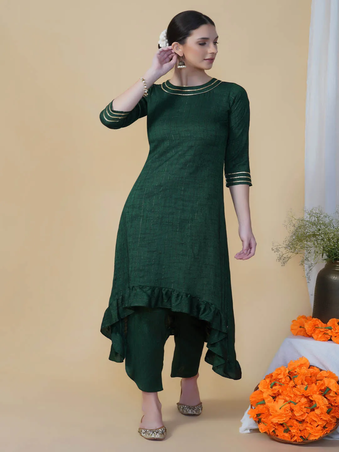 Green High Low Frilled Kurta Pants Set
