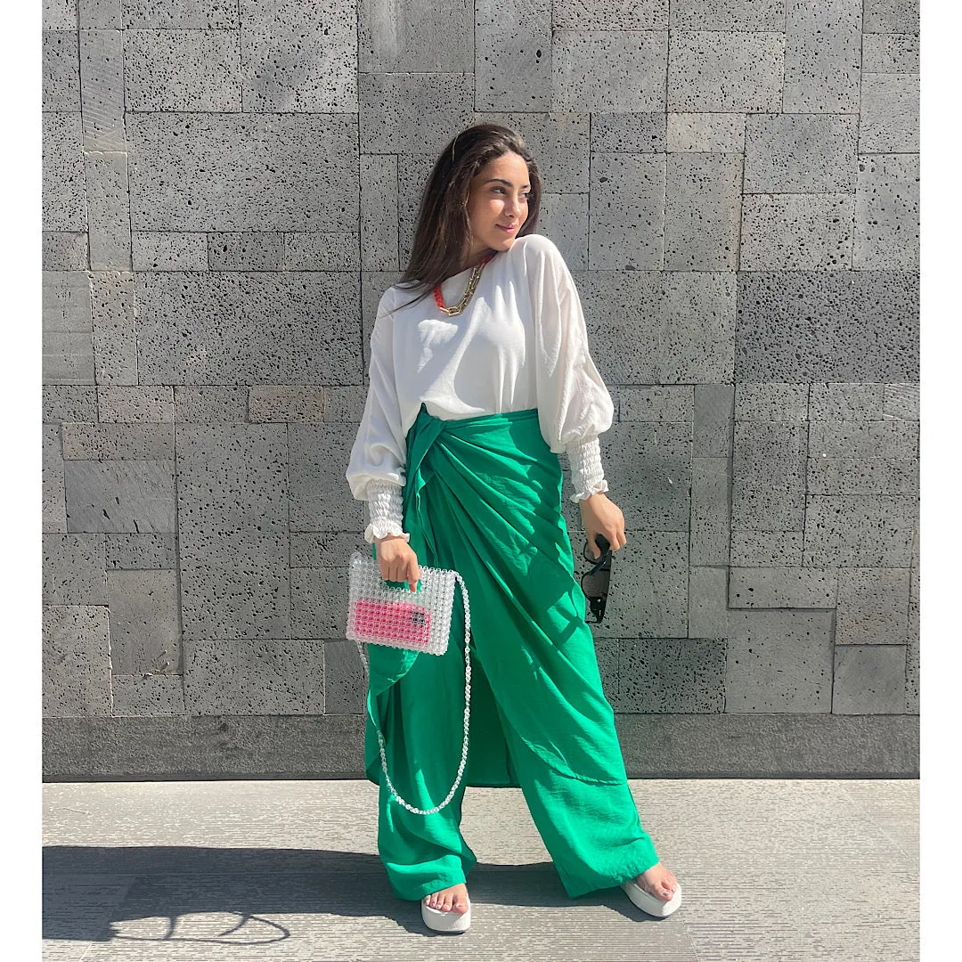Green overlay wrap pants