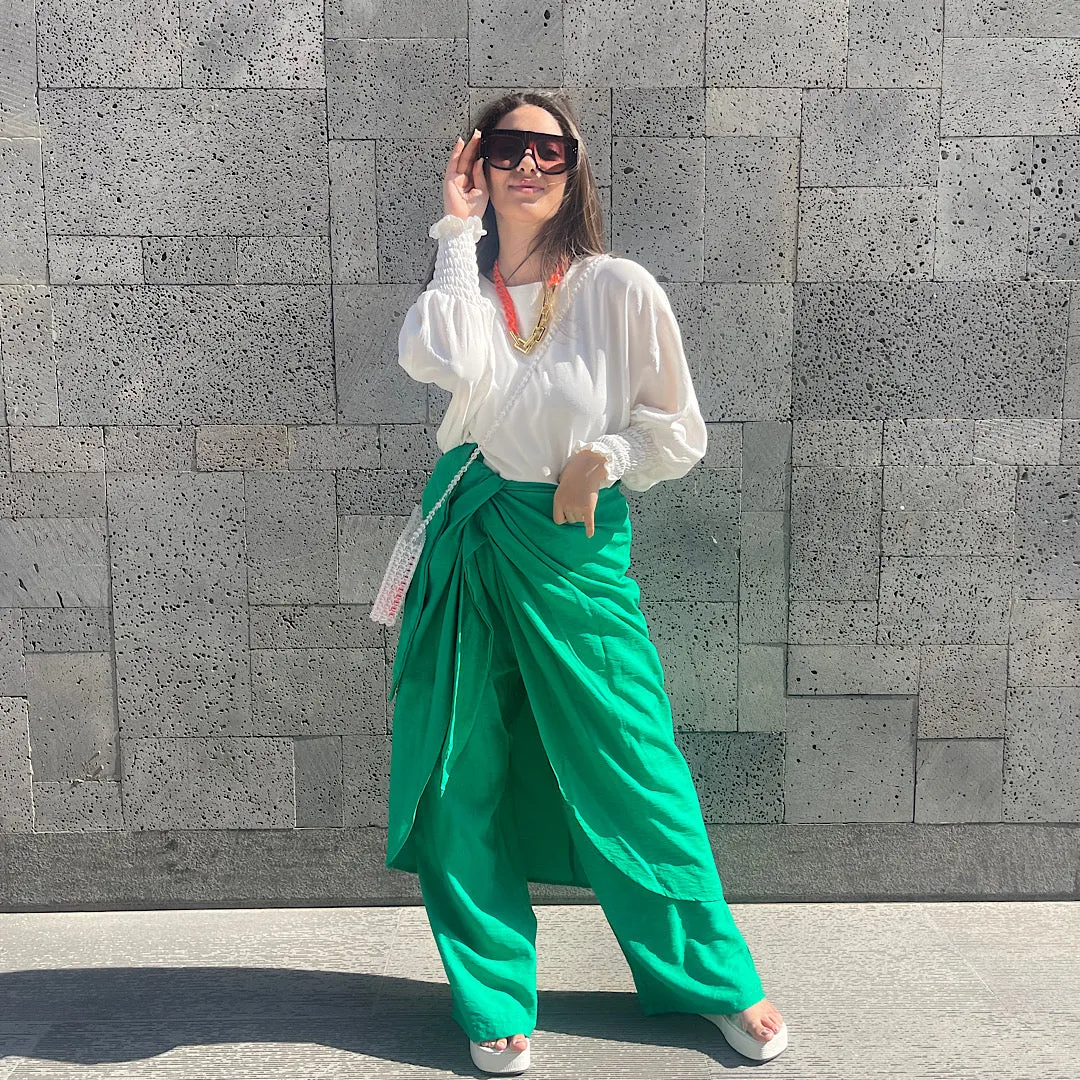 Green overlay wrap pants