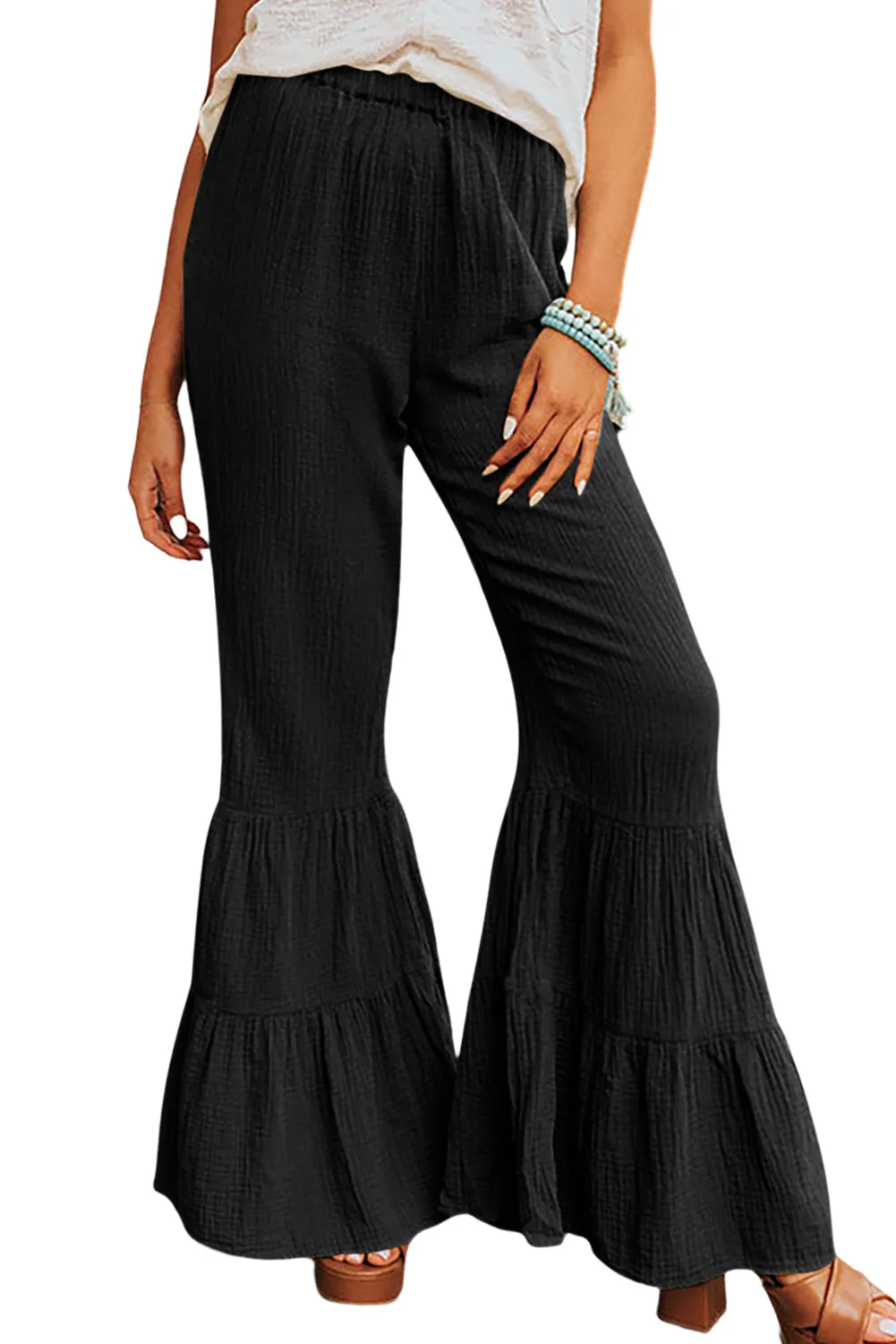 Green Textured High Waist Ruffled Bell Bottom Pants