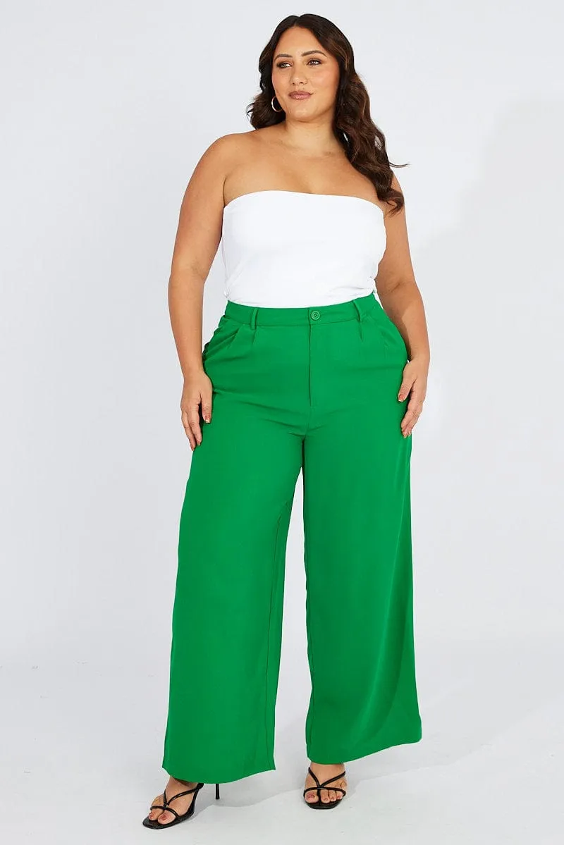 Green Wide Leg Pants High Waist Button Front