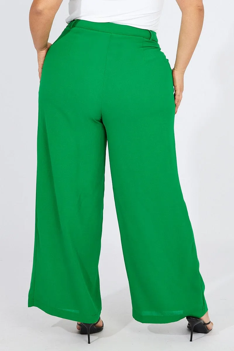 Green Wide Leg Pants High Waist Button Front