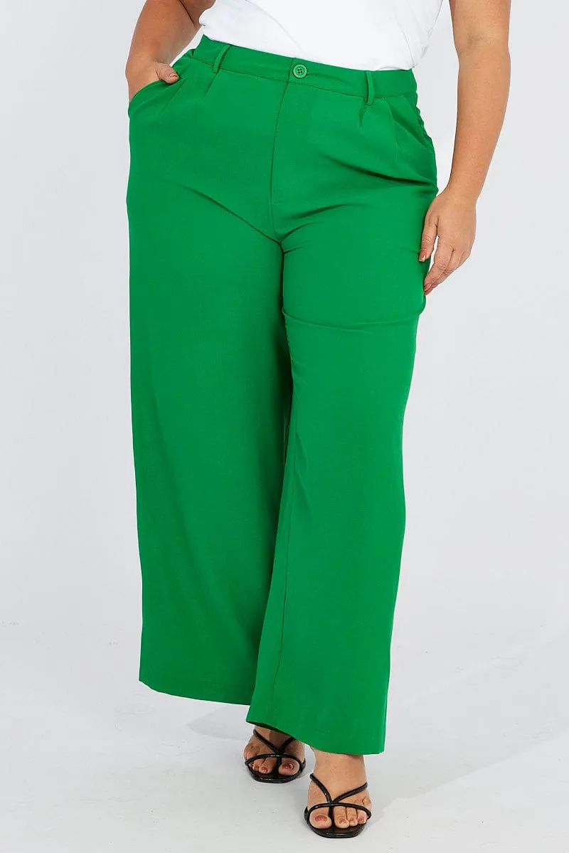 Green Wide Leg Pants High Waist Button Front