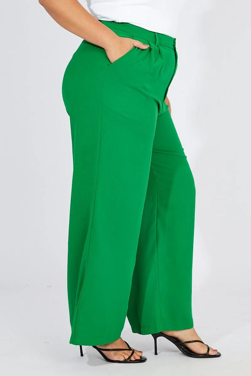 Green Wide Leg Pants High Waist Button Front