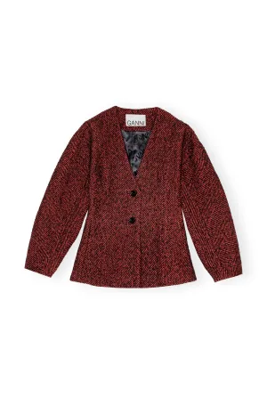 Herringbone Wool Curve Sleeve Blazer - Winery