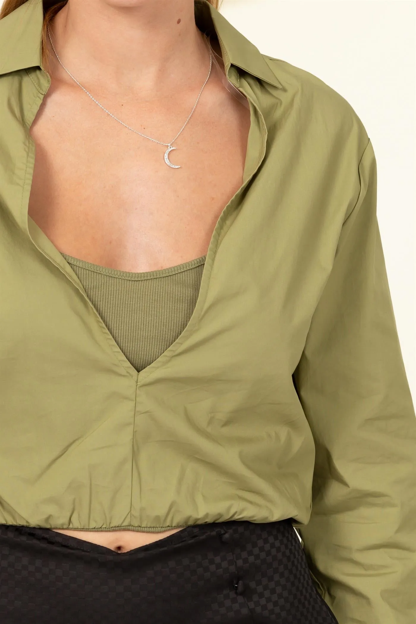 HF22G928-DOUBLE LAYER BUTTON-DOWN CROP TOP