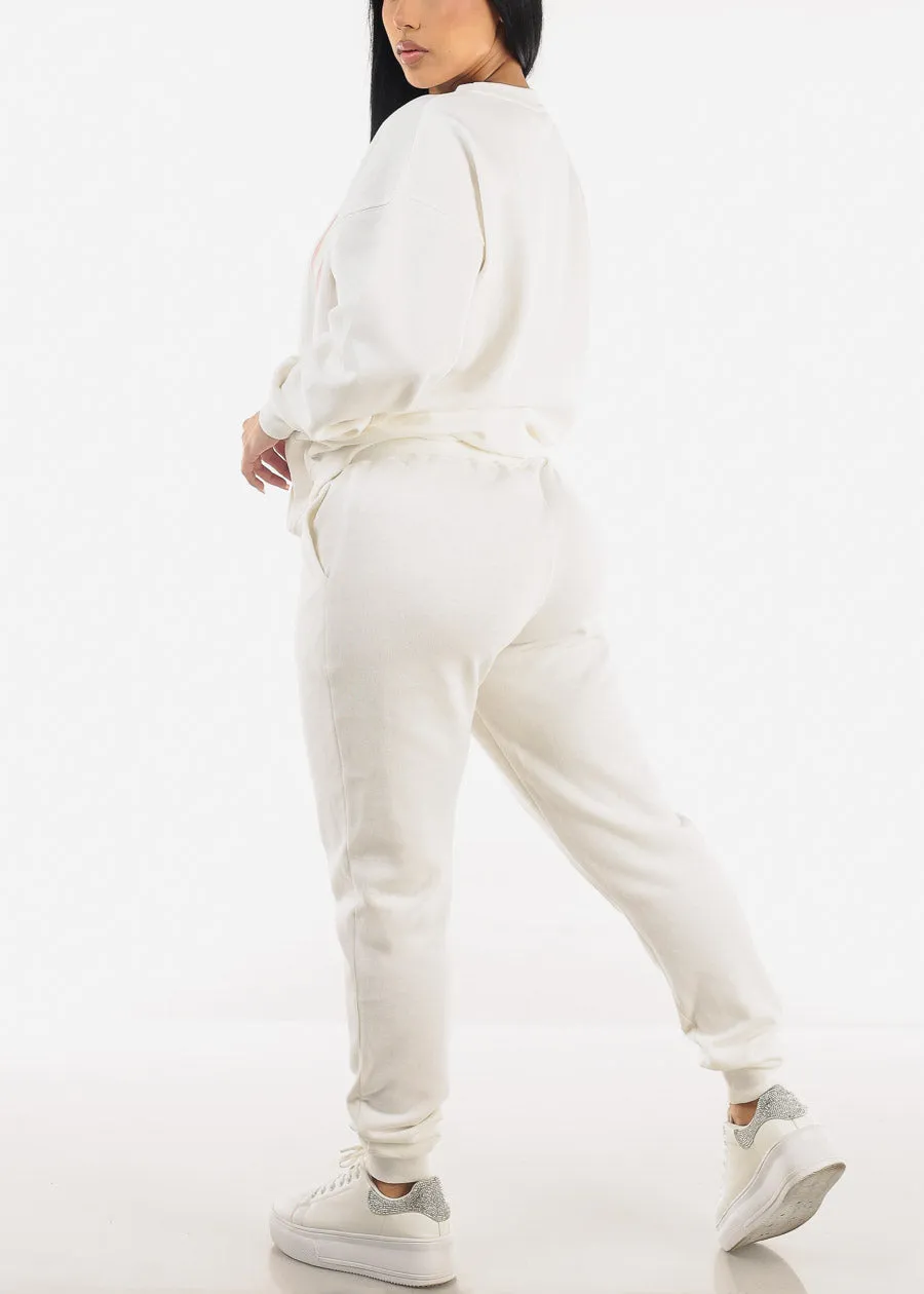 High Drawstring Waist Fleece Jogger Pants Ivory
