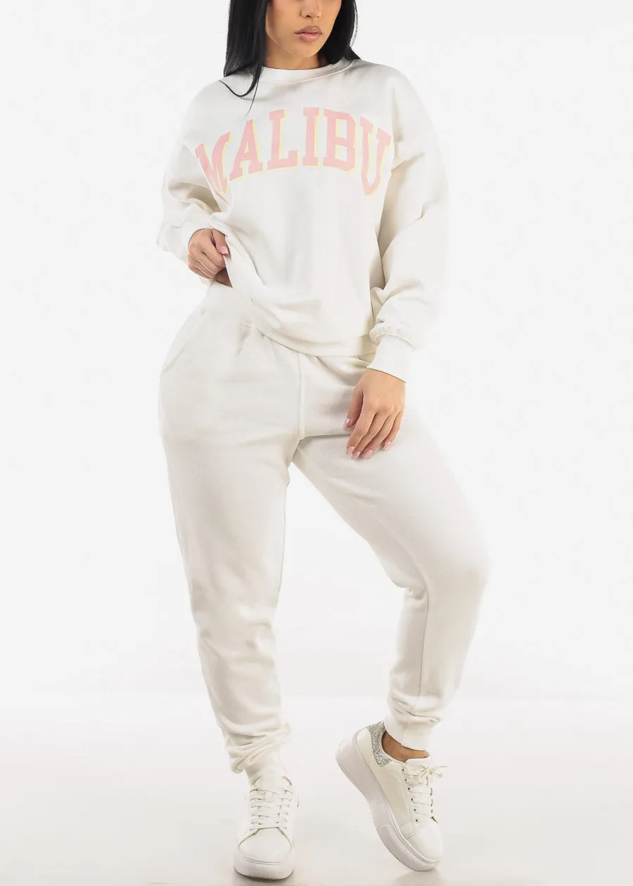 High Drawstring Waist Fleece Jogger Pants Ivory