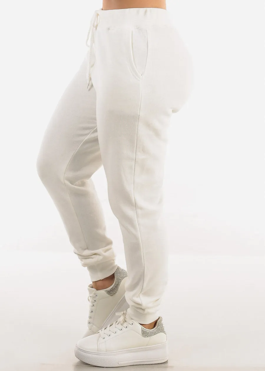 High Drawstring Waist Fleece Jogger Pants Ivory