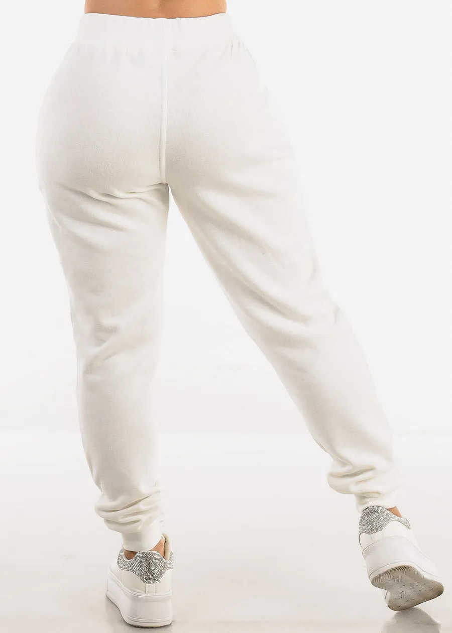 High Drawstring Waist Fleece Jogger Pants Ivory
