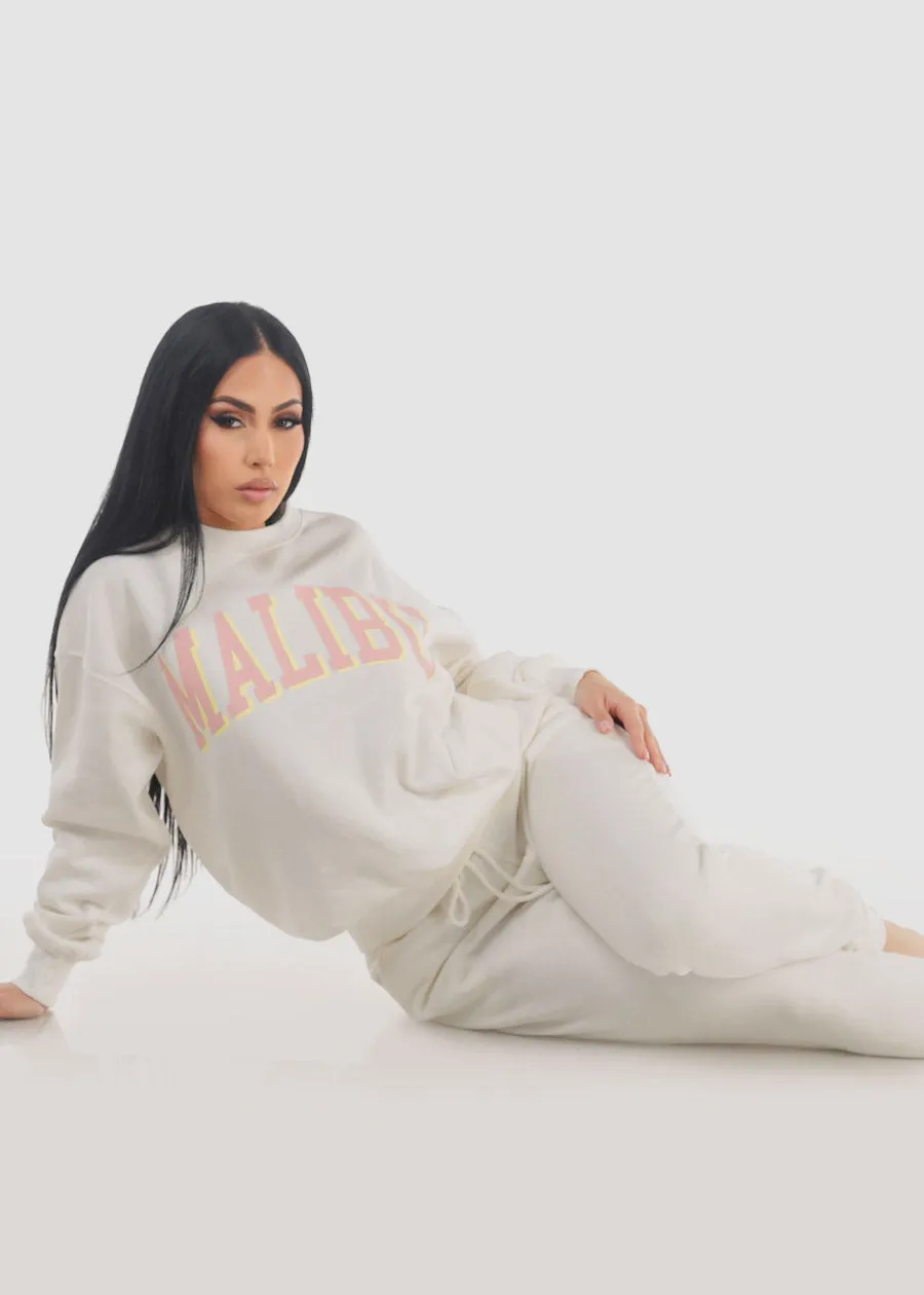 High Drawstring Waist Fleece Jogger Pants Ivory