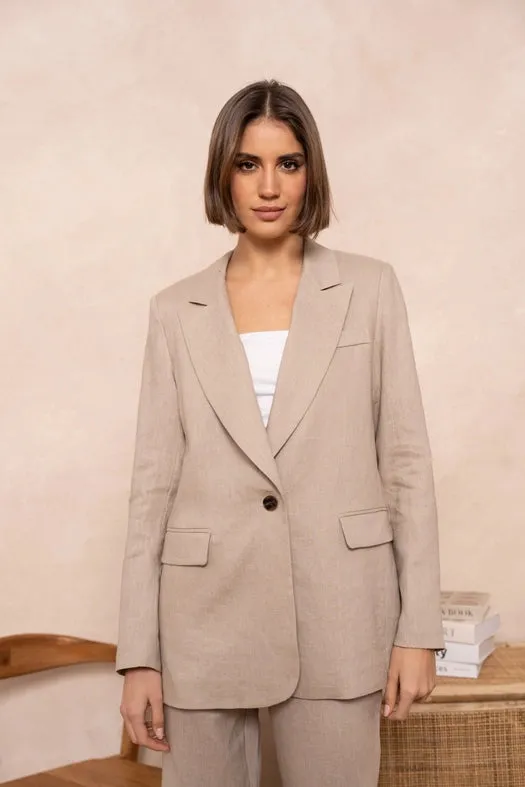 High Quality Linen Straight Cut Plain Blazer Jacket Taupe