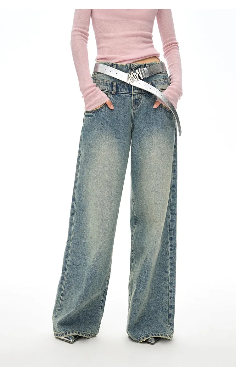 High Waist Double Waist Straight Wide Denim