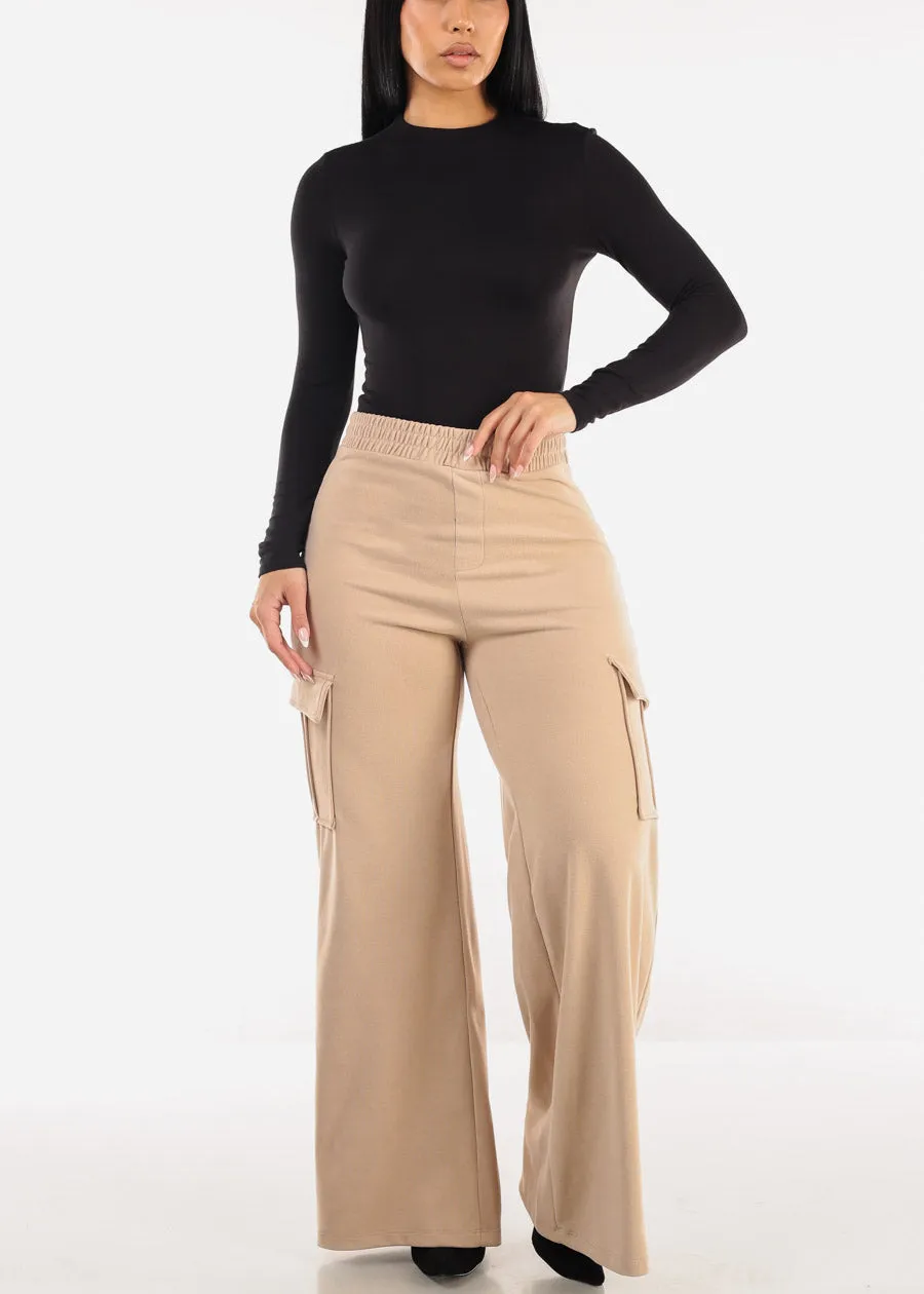 High Waist Flared Soft Cargo Pants Beige
