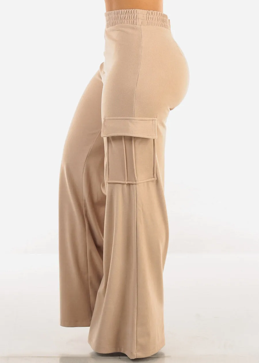 High Waist Flared Soft Cargo Pants Beige