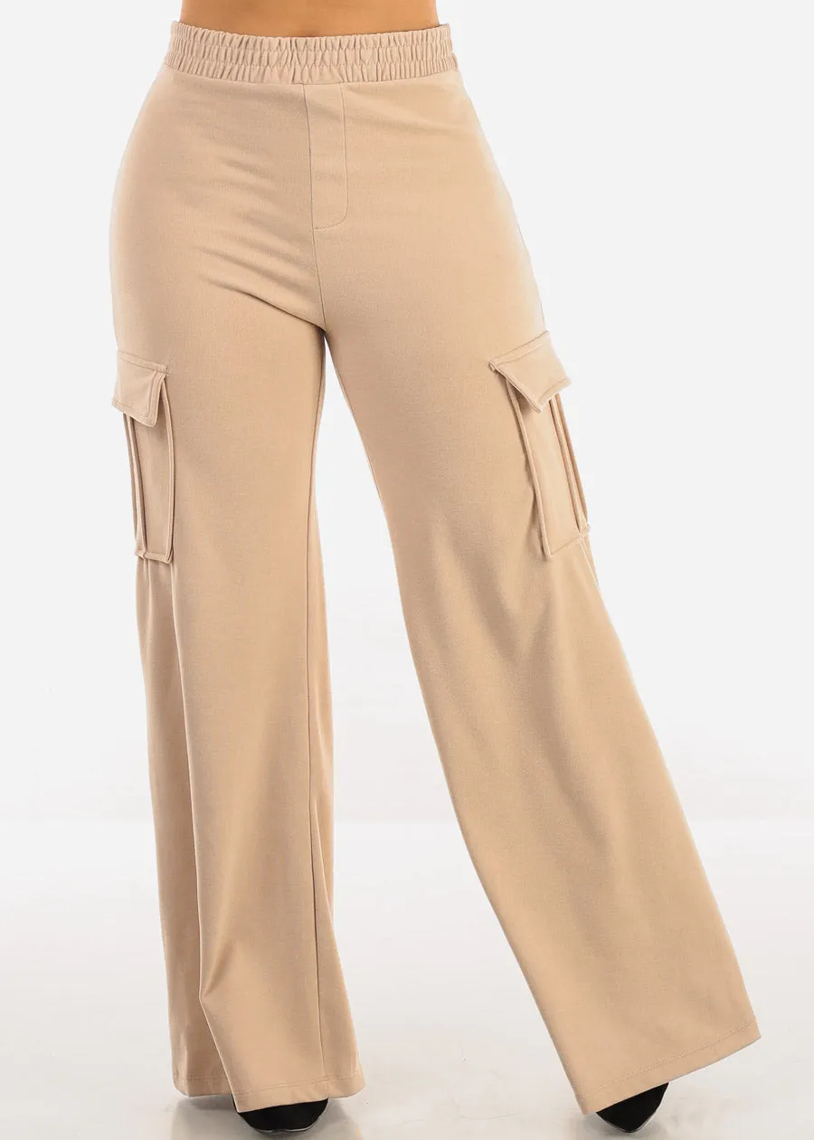 High Waist Flared Soft Cargo Pants Beige