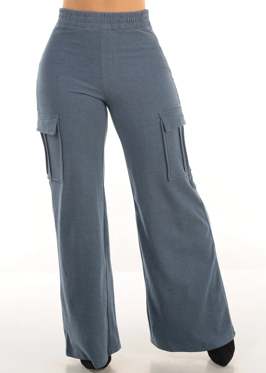 High Waist Flared Soft Cargo Pants Blue