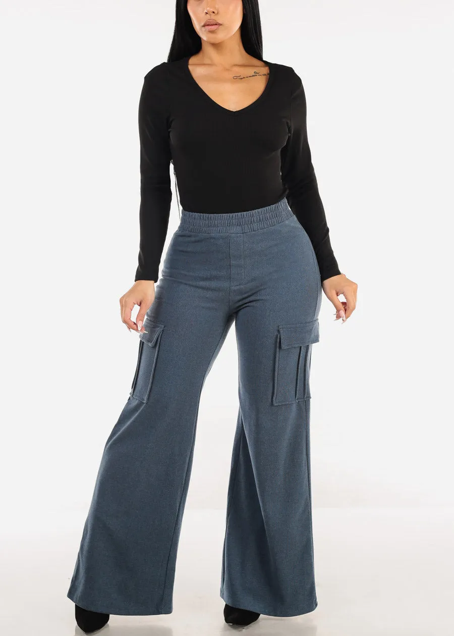 High Waist Flared Soft Cargo Pants Blue