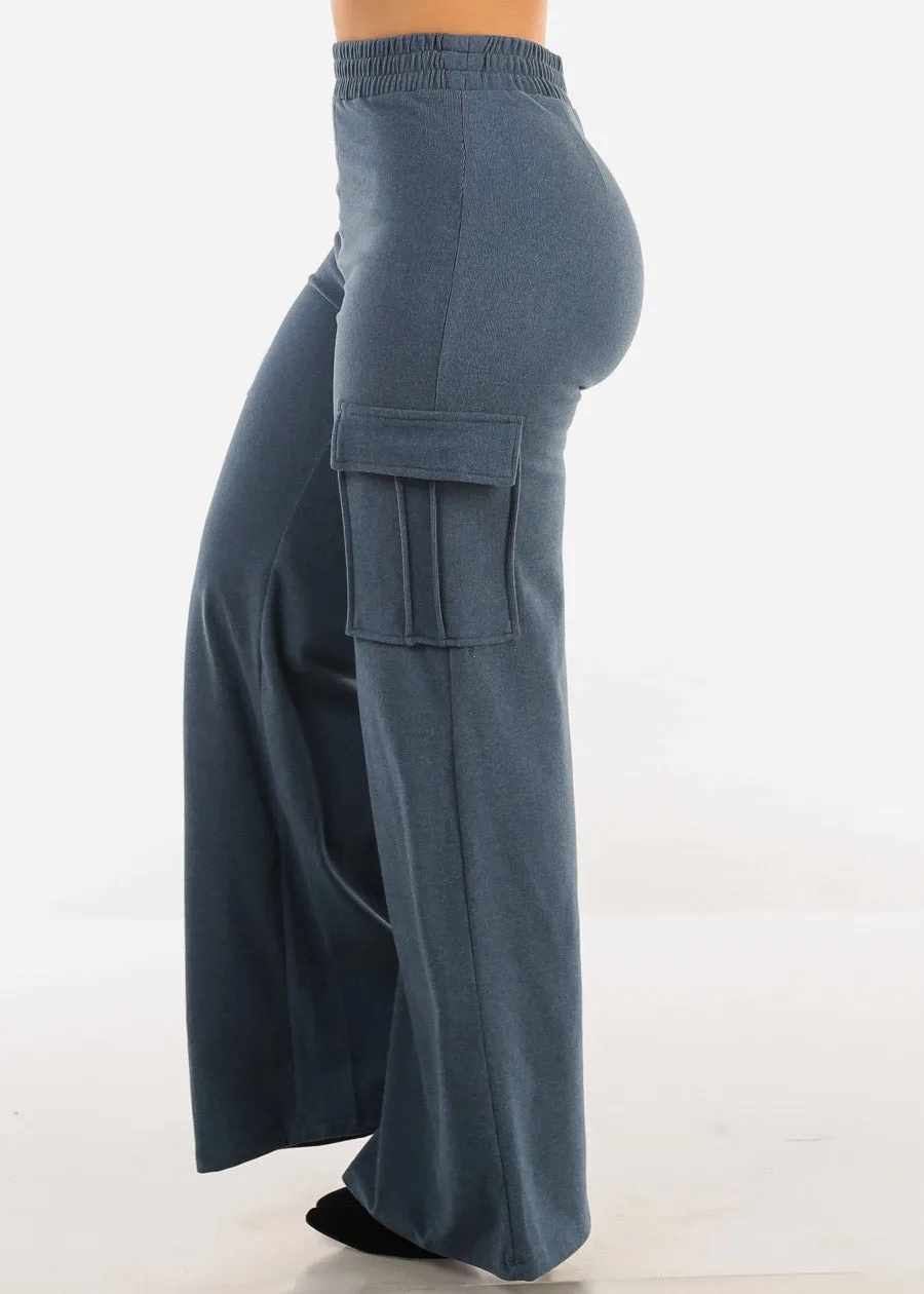 High Waist Flared Soft Cargo Pants Blue