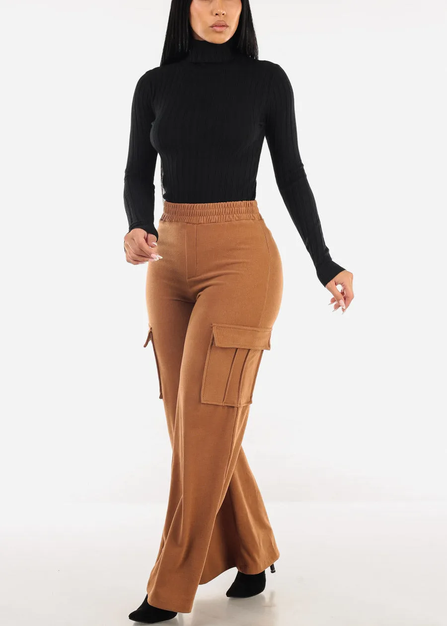 High Waist Flared Soft Cargo Pants Camel