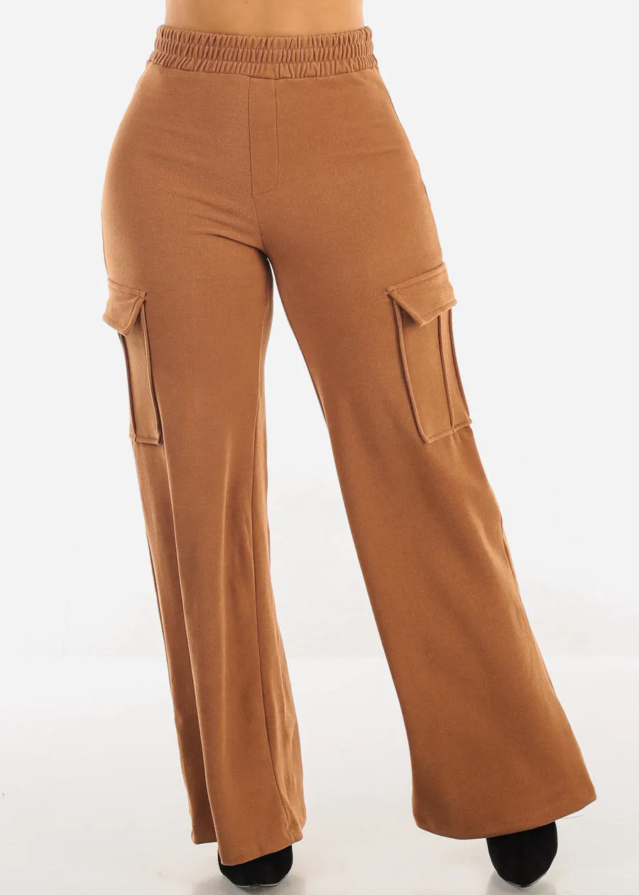 High Waist Flared Soft Cargo Pants Camel
