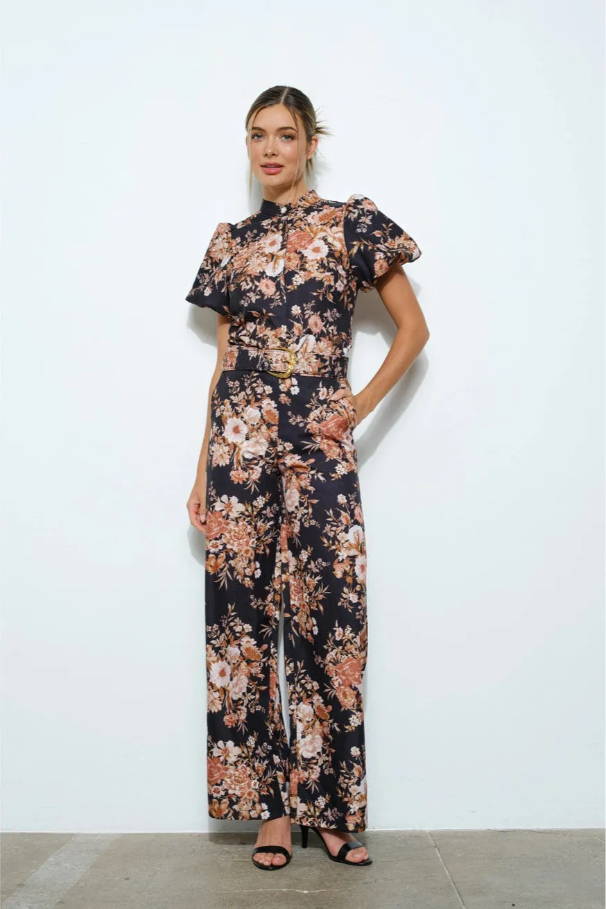 High Waist Floral Print Wide Pants with Belt