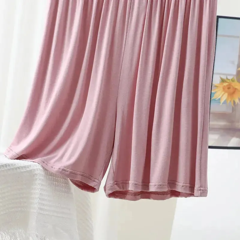 High waist Modal Shorts Summer Women's Casual sleep Pants over the knee Plus size Solid color wide leg safety pants
