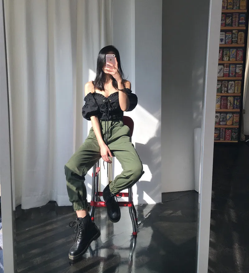 High waist pants camouflage loose joggers  for women a