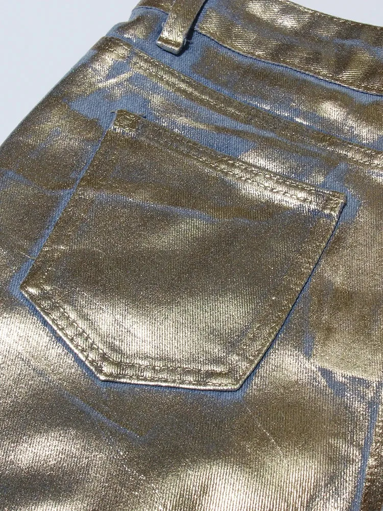 High Waist Pocket Metalic Denim Pants -NEW