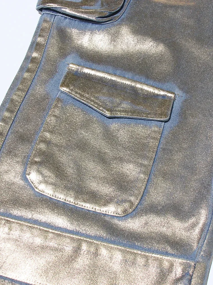 High Waist Pocket Metalic Denim Pants -NEW