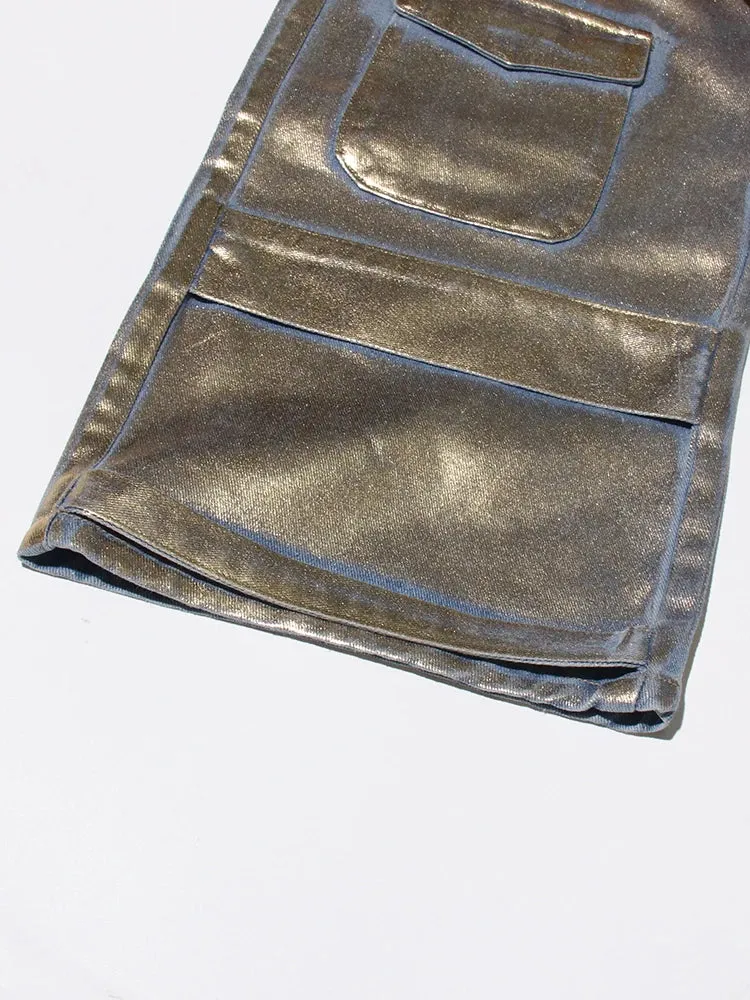 High Waist Pocket Metalic Denim Pants -NEW