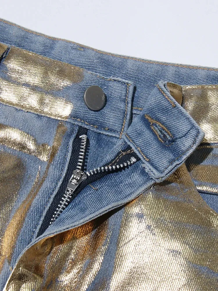 High Waist Pocket Metalic Denim Pants -NEW