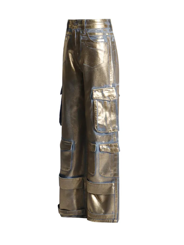 High Waist Pocket Metalic Denim Pants -NEW