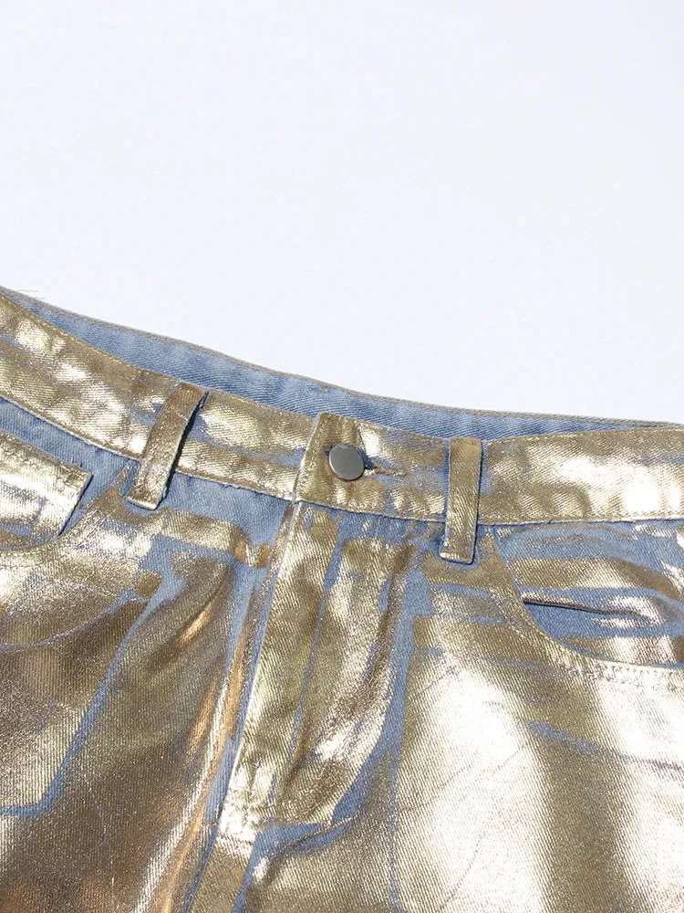 High Waist Pocket Metalic Denim Pants -NEW
