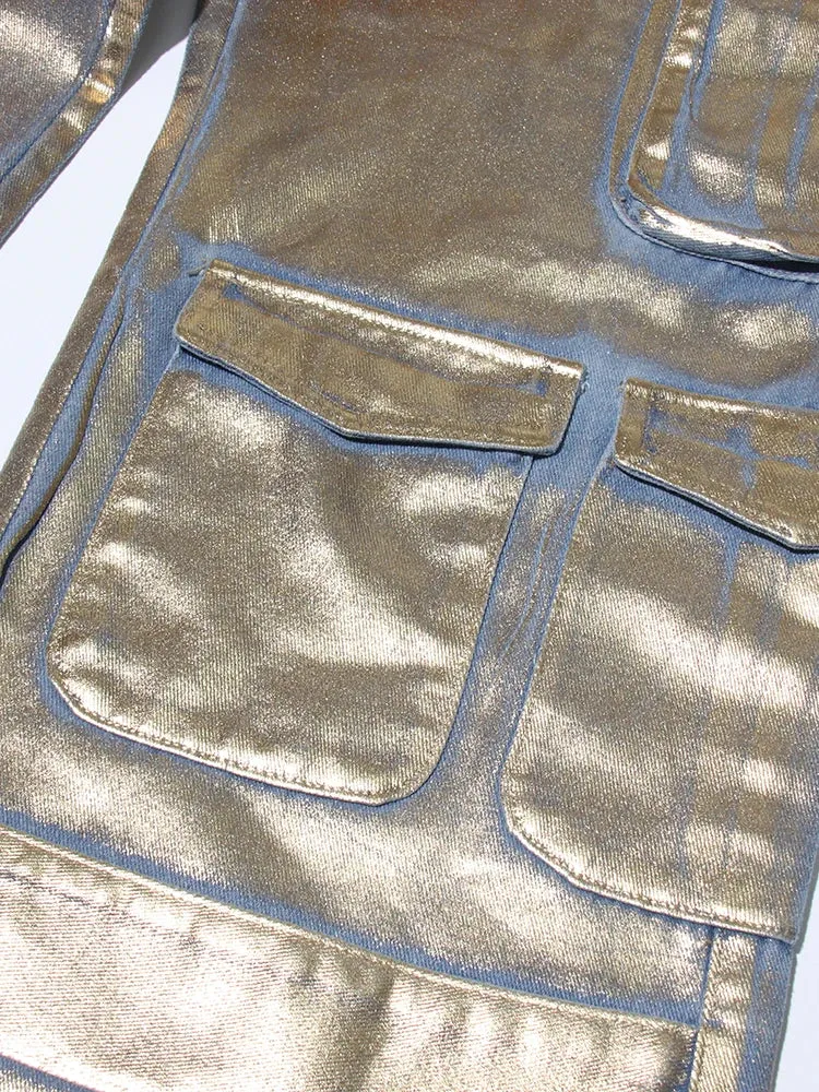High Waist Pocket Metalic Denim Pants -NEW
