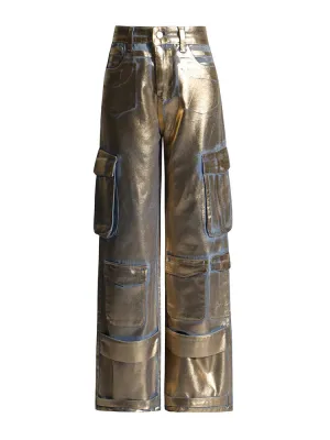 High Waist Pocket Metalic Denim Pants -NEW