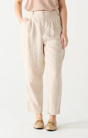 High Waist Tapered Linen Pant in Taupe/ Cream Stripe